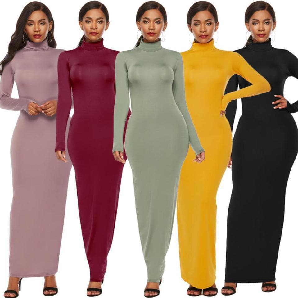 Plus Size Party Solid Color Women Long Sleeve Turtleneck Bodycon Maxi Dress Autumn Winter Slim Sexy Dresses Apricot Black S-5XL