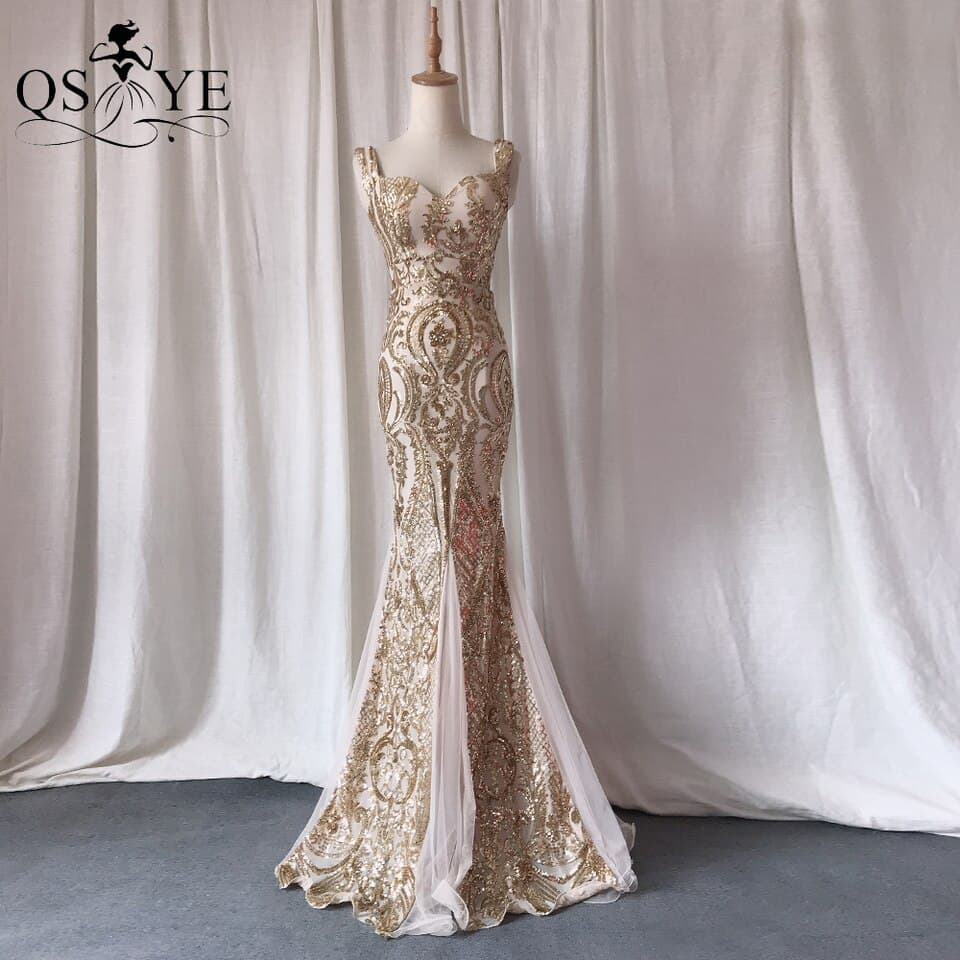 New Gold Evening Dresses Mermaid Long Prom Gown Glitter Sequin Party Dress Sweetheart Golden Formal Gown Sparkle Woman Dress