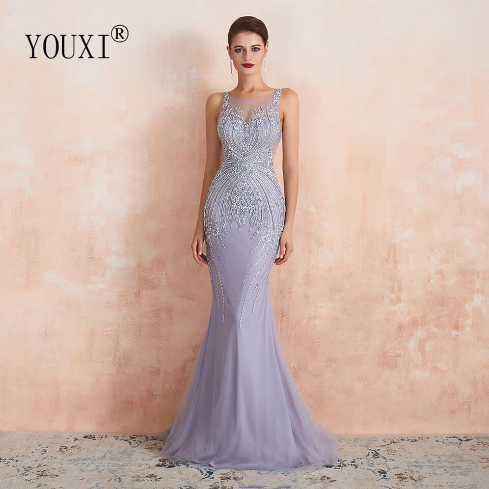 New Luxury Beaded Crystal Evening Dresses Sheer Neck Lavender Mermaid Formal Prom Gowns for Women Sleeveless