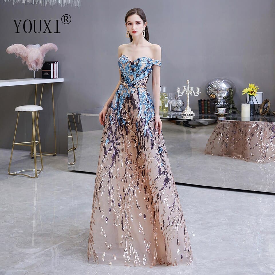 New Women Sweetheart Evening Dresses Off the shoulder A-Line Colourful Sequin Formal Dress Long Prom Gowns