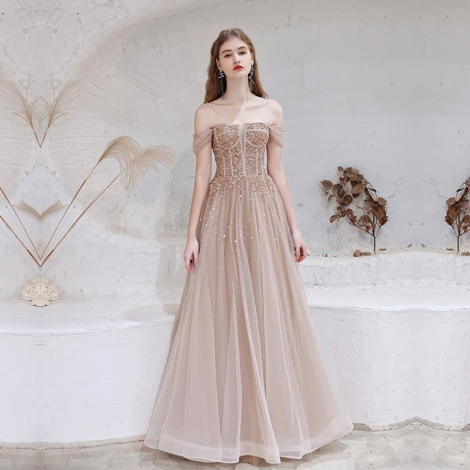 Beaded Evening Dresses Nude Pink Burgundy Off Shoulder Plunging Beading Sequined Sleeveless Formal Gown