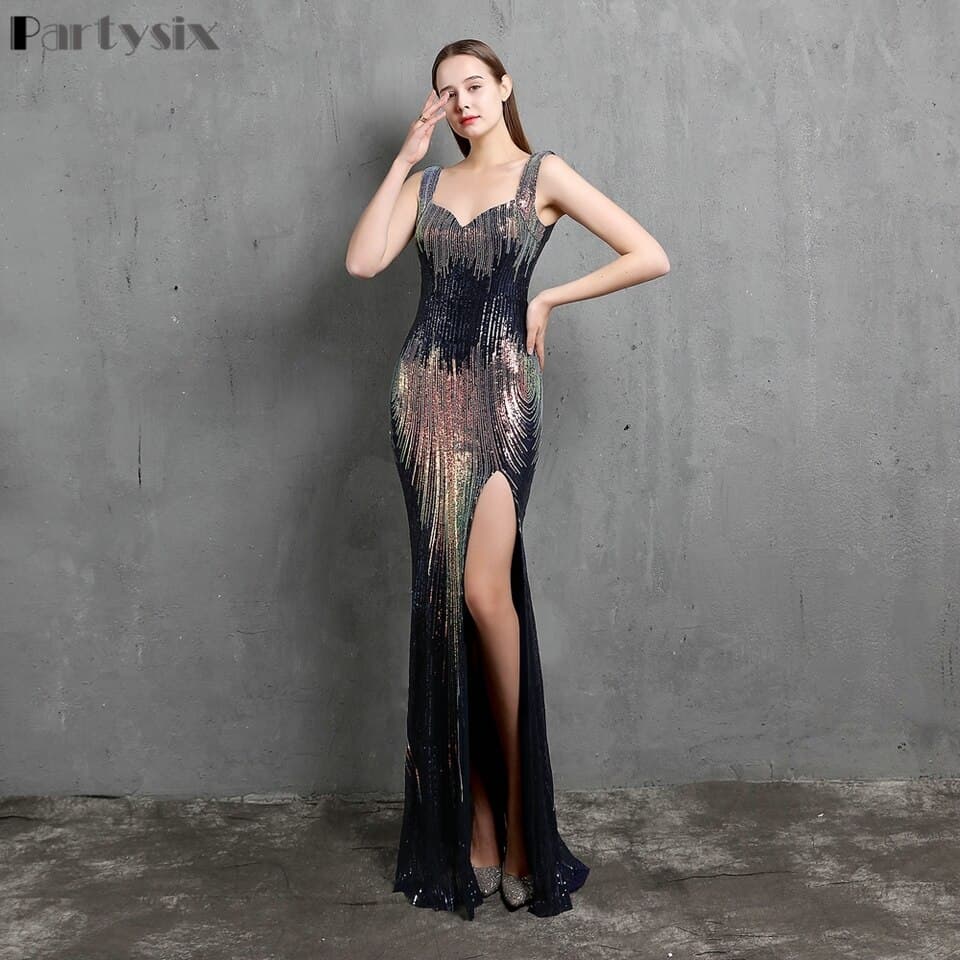 New Women Slit Sequins Evening Dress Women V-neck Backless Beading Long Party Dress