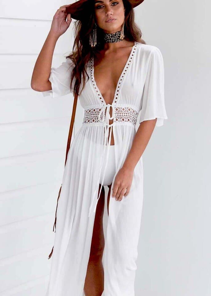 New Women Bikini Cover Up Long Maxi Dress Beach Cover Up Tunic White V Neck Dress Robe Swimwear Plus Bathing Suit Beachwear