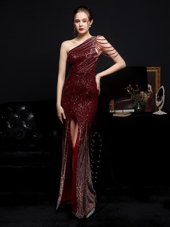 New Elegant One Shoulder Slit Gold Sequin Evening Dress Women Beads Party Maxi Dress 18572