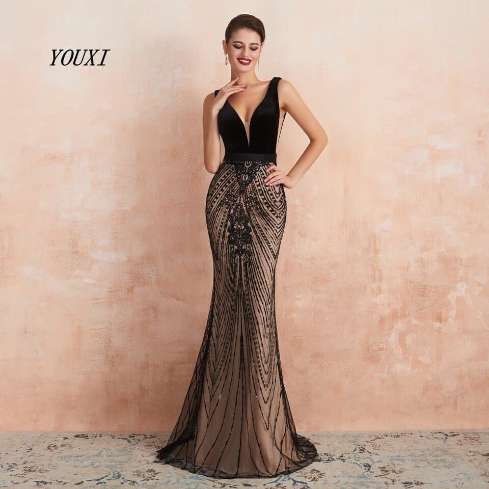 New Women Evening Dress Plunging Backless Black and Champagne Long Prom Formal Gown robe de soiree