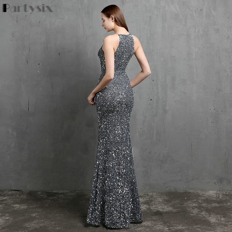 New Women Halter Gold Sequin Party Evening Dress Female Floor Length Bodycon Dress Solid Color Maxi Dresses