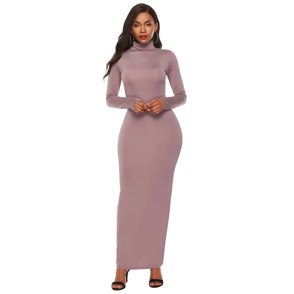Plus Size Party Solid Color Women Long Sleeve Turtleneck Bodycon Maxi Dress Autumn Winter Slim Sexy Dresses Apricot Black S-5XL