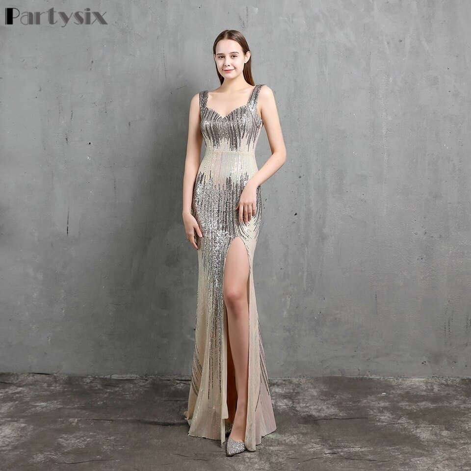 New Women Slit Sequins Evening Dress Women V-neck Backless Beading Long Party Dress
