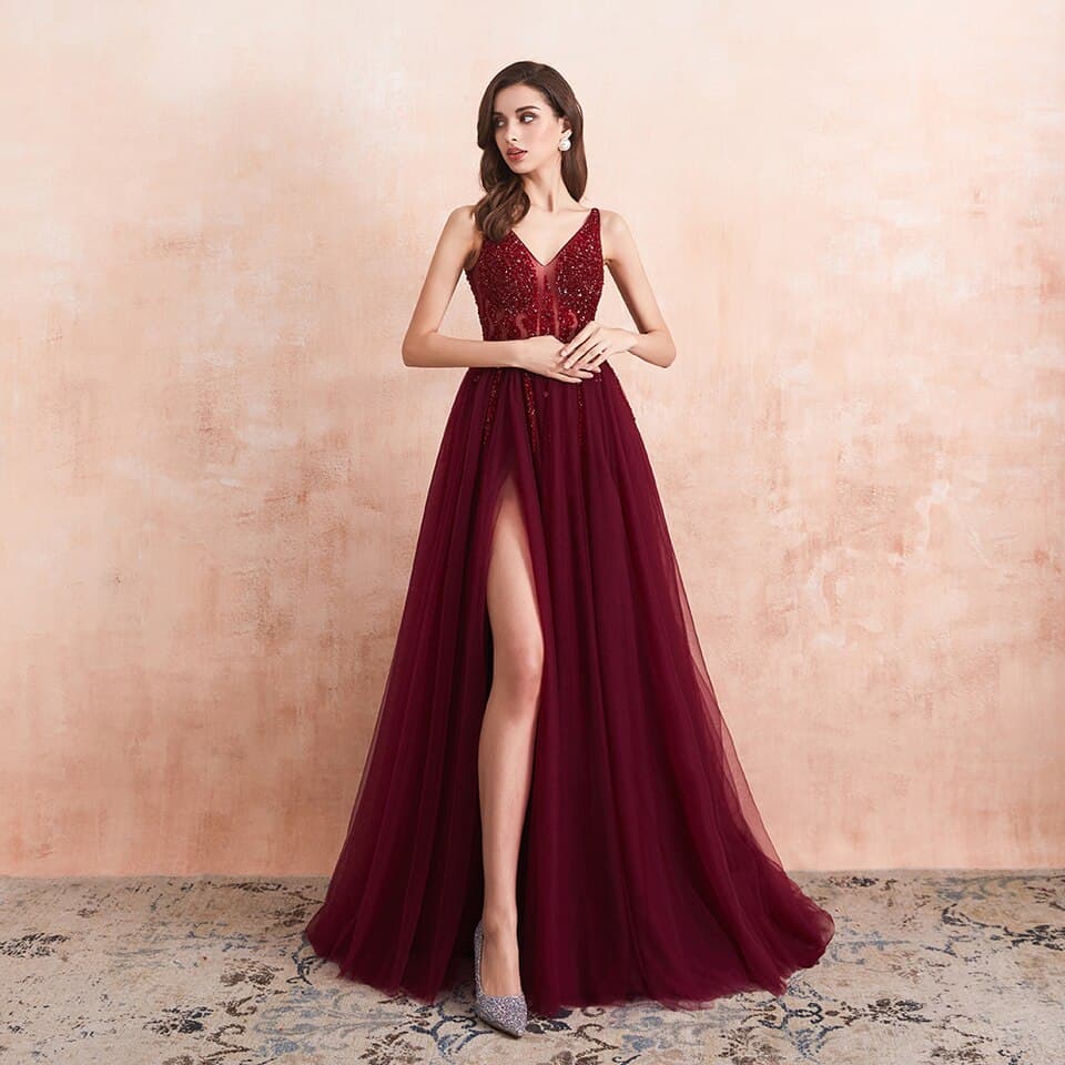 New Tulle Long Prom Dresses New Arrival Beaded Split A Line V Neck Special Occasion Evening Party Gown
