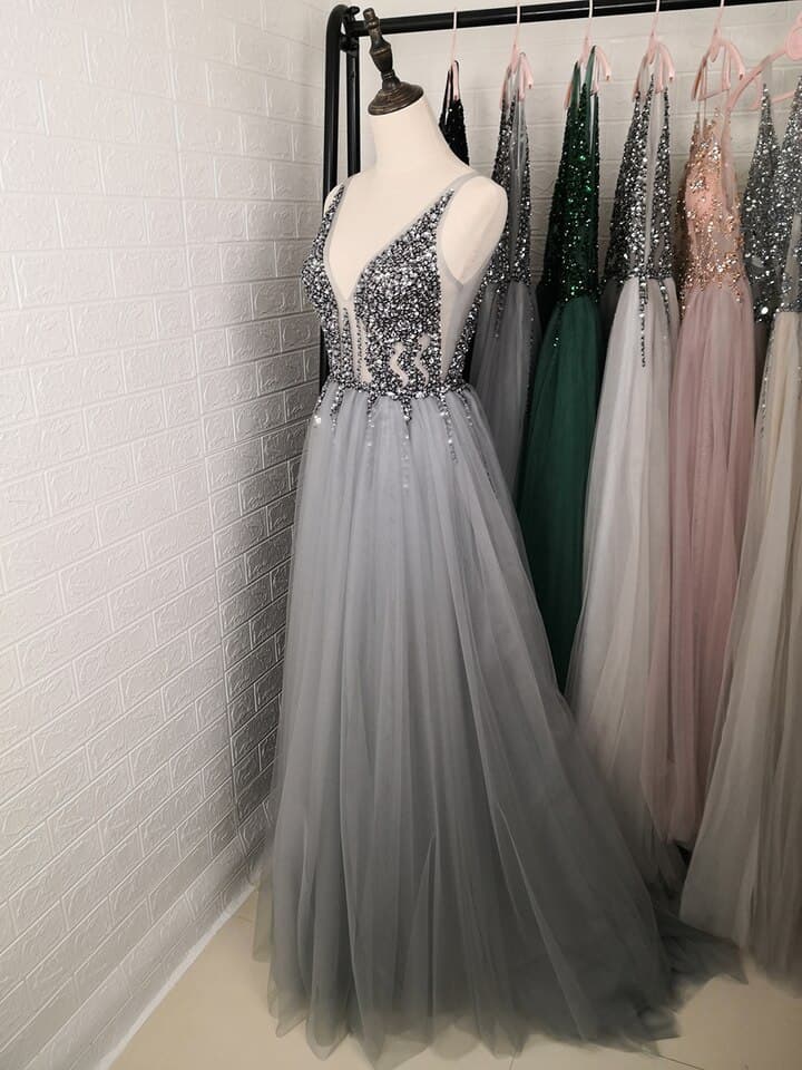 New Women Deep V Neck Side Split Long Evening Dress Backless Sparkly High Slit See Through Abendkleider Lang
