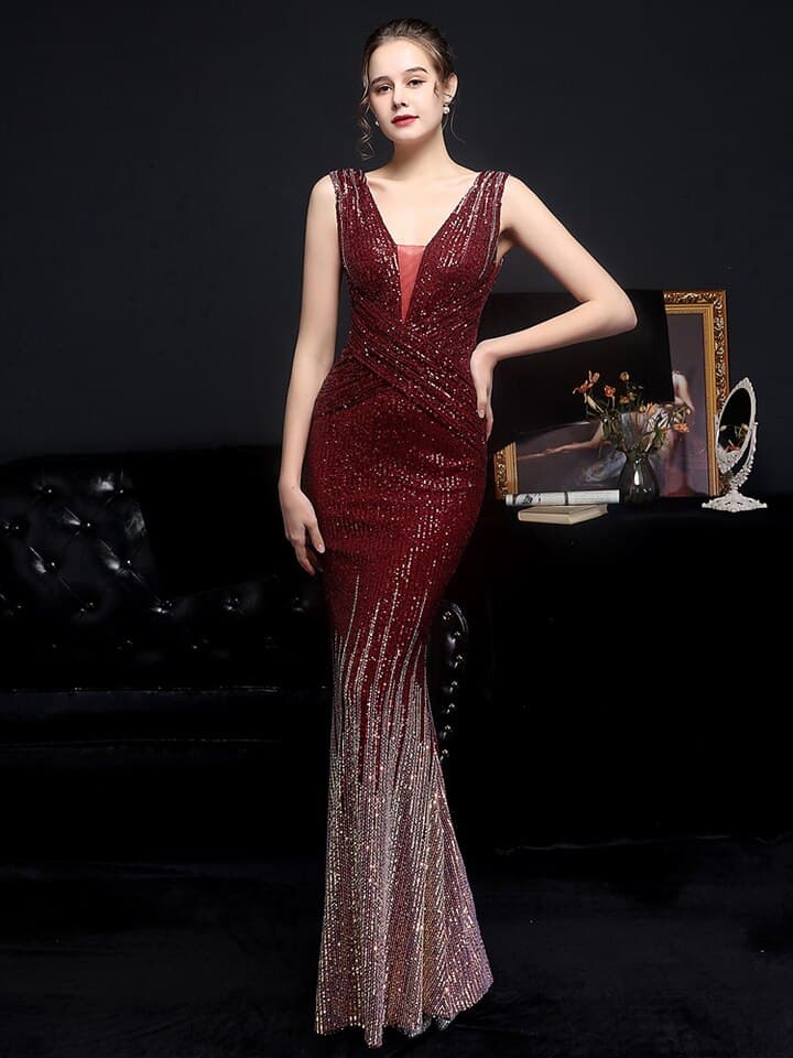 New Women V Neck Gold Sequin Evening Dress Women Elegant Party Maxi Dress Long Prom Dress 18589