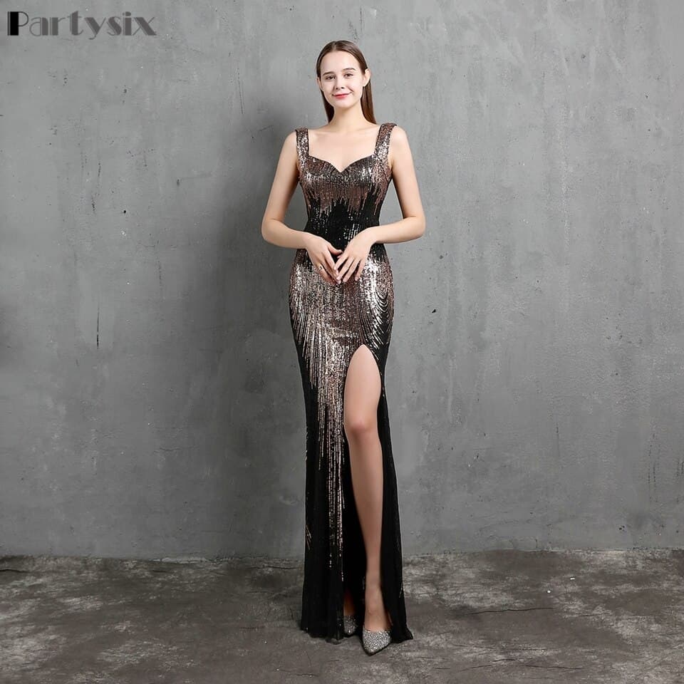 New Women Slit Sequins Evening Dress Women V-neck Backless Beading Long Party Dress