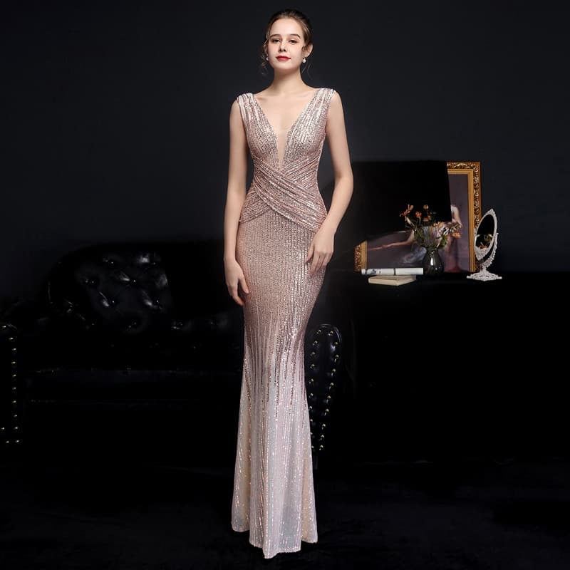 Women V Neck Gold Sequin Evening Dress Women Elegant Party Maxi Dress Long Prom Dress 18589