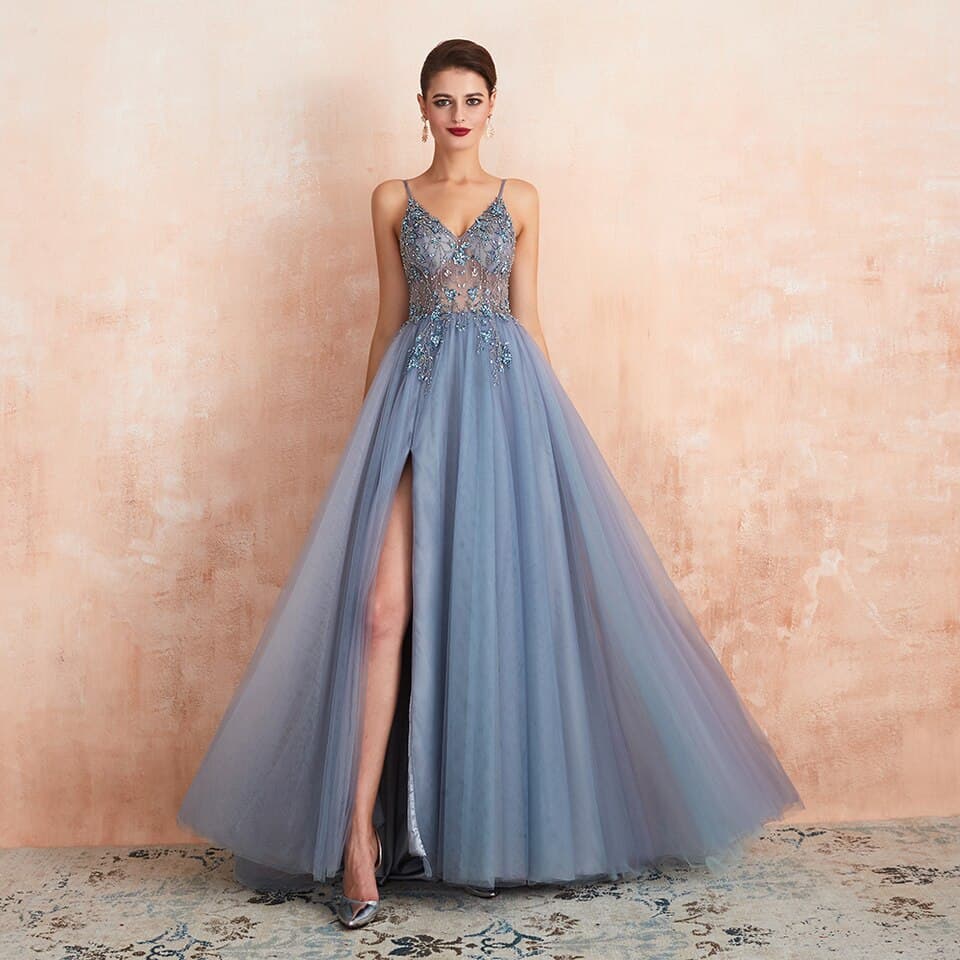 New Beaded Crystal Prom Dresses Long See Through A-Line Split Tulle V Neck Spaghetti Strap Evening Formal Gown