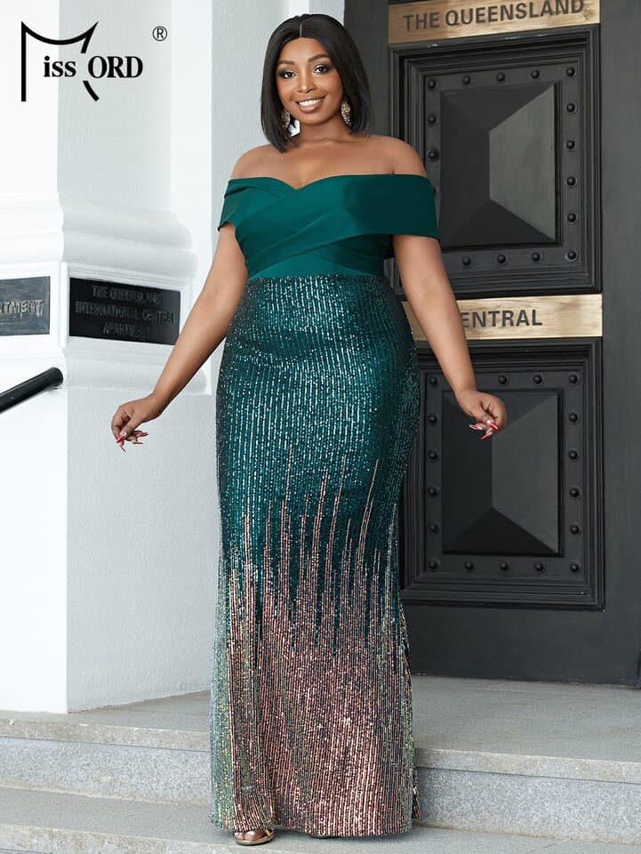Off Shoulder Sequin PlLUS SIZE Women Formal Dress Short Sleeve Large Maxi Evening Party Green Dresses 2022 Sexy Vestdios