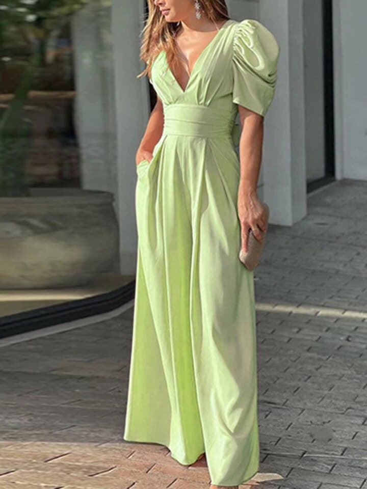 Women Backless Lace Up Bow Romper Sexy Puff Sleeve Pocket Playsuits Fashion Solid Colour V Neck High Waist Wide Leg Jumpsuit