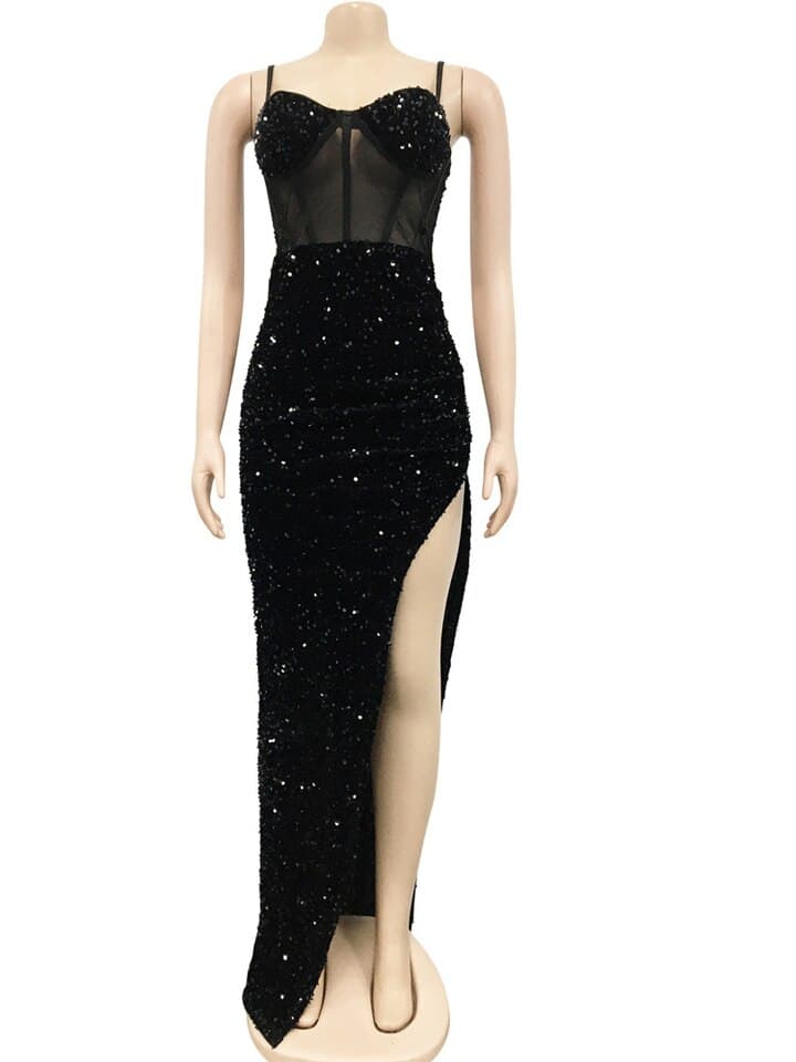 Gold Sequined High Split Maxi Dress Women Summer Strap Mesh Patchwork Bodycon Clubwear Long Dress