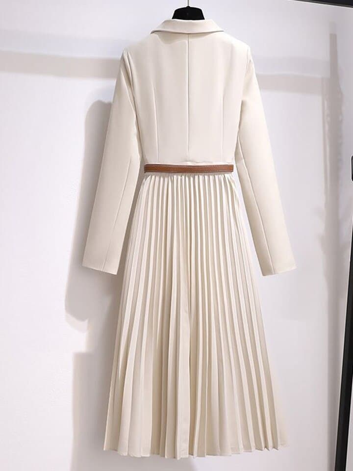 New Vintage Pleated Belt Patchwork One Piece Blazer Dress Women Elegant Office Ladies Long Sleeve Notched Female Autumn Midi Vestido