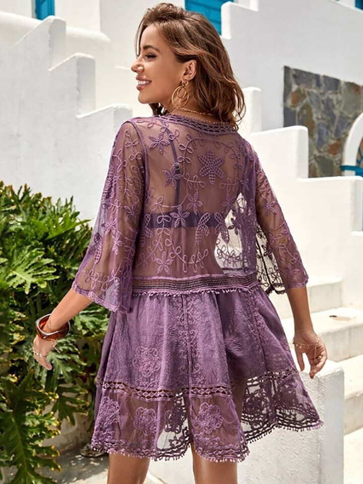 New Vintage Beach Wear Fitshinling Deep V Neck Boho Beach Outing Sheer Lace Tunic Pareo Swimwear Summer Vintage Short Dress Holiday Cover Up 2022