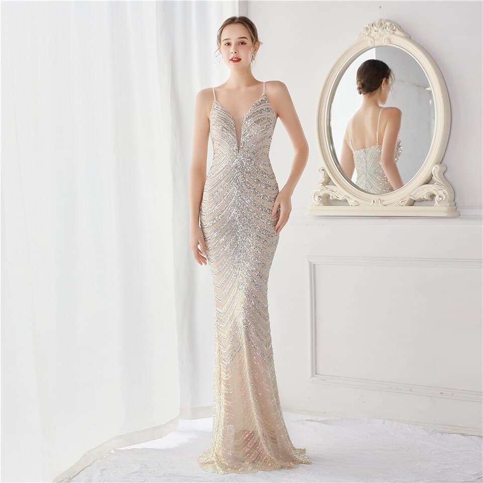 New Women Strap Party Maxi Dress V Neck Evening Dress White Sequin Dress Long Prom Dress