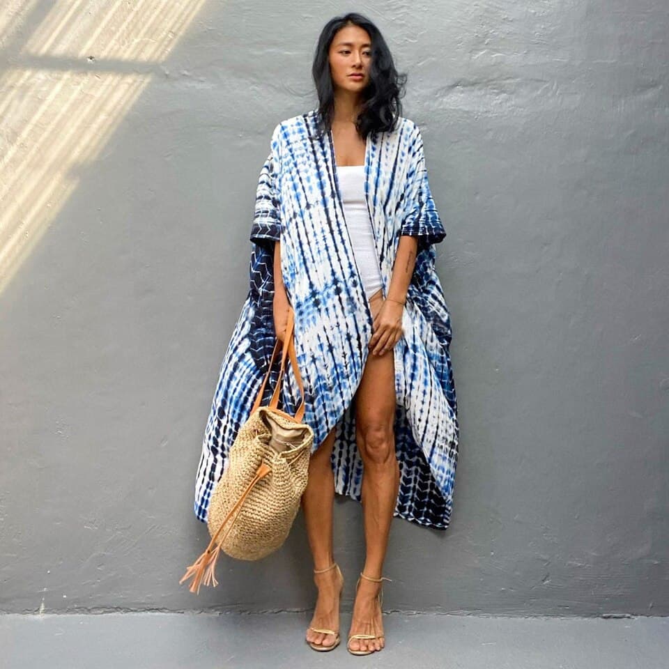New Bikini Cover ups Blue Striped Tie Dye Sexy with Belt Swimsuit Tunics Women Summer Kimono Dress Beach Wear Swimwear Cover Up
