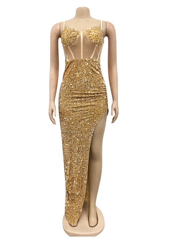 Gold Sequined High Split Maxi Dress Women Summer Strap Mesh Patchwork Bodycon Clubwear Long Dress