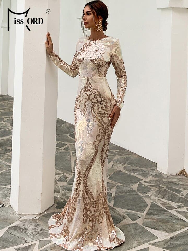 Women Sexy O Neck Backless Sequin Long Wedding Dresses Female Bodycon Maxi Multi Evening Party Fashion Dress Gold