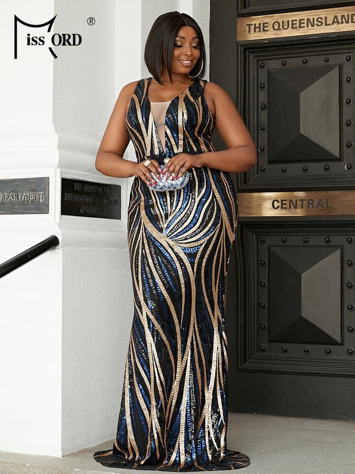 PLUS SIZE dress women clothing Plunging Neck Mermaid Hem Sequin even parti Maxi Sequin Bodycon Elegant Backless summer