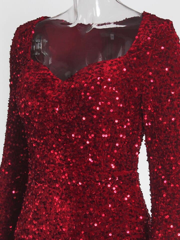 Long Sleeve Padded Sequin Maxi Dress Floor Length Sparkles Stretch V Neck Mermaid Formal Evening Night Party Gown Grey Black Red