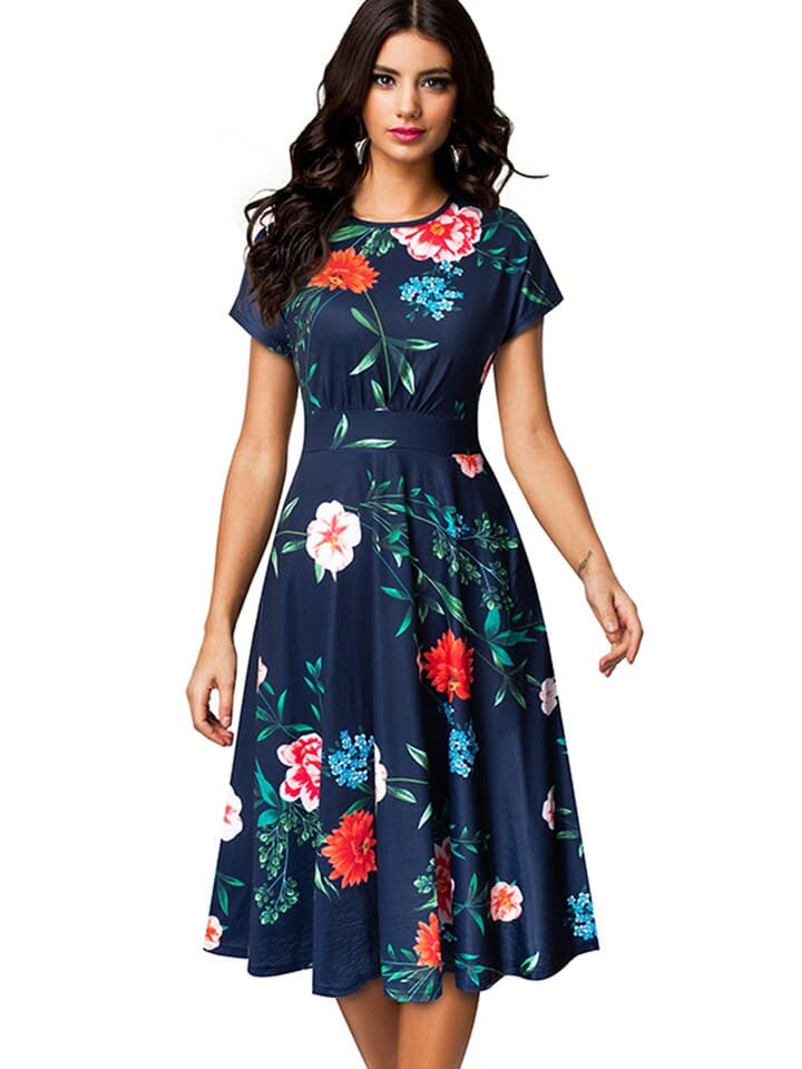 New Vintage Elegant Floral Print Pleated Round neck vestidos A-Line Pinup Business Party Women Flare Swing Dress A102