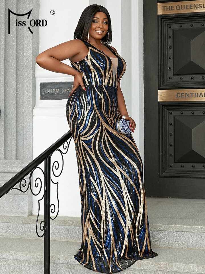 PLUS SIZE dress women clothing Plunging Neck Mermaid Hem Sequin even parti Maxi Sequin Bodycon Elegant Backless summer