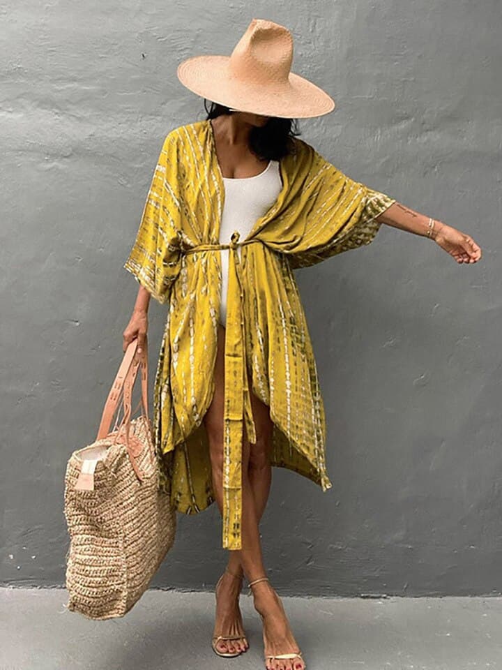 New Bikini Cover ups Blue Striped Tie Dye Sexy with Belt Swimsuit Tunics Women Summer Kimono Dress Beach Wear Swimwear Cover Up