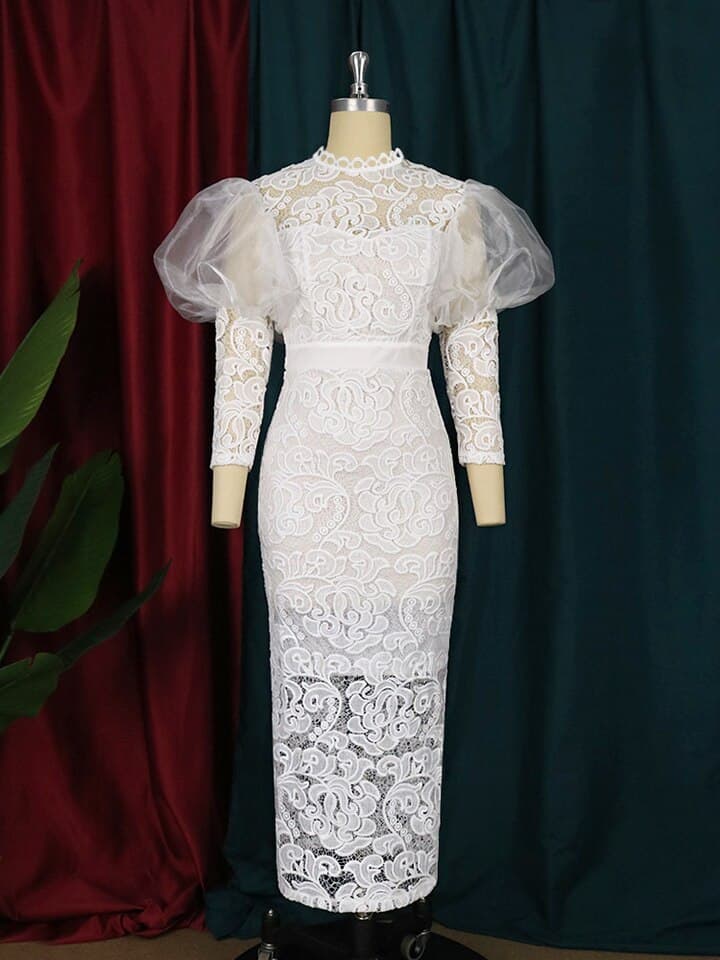 Elegant Lace Dresses Plus Size 3XL 4XL Long Lantern Sleeve White Pink Bodycon Vintage Prom Dress Gowns for Ladies Evening Party