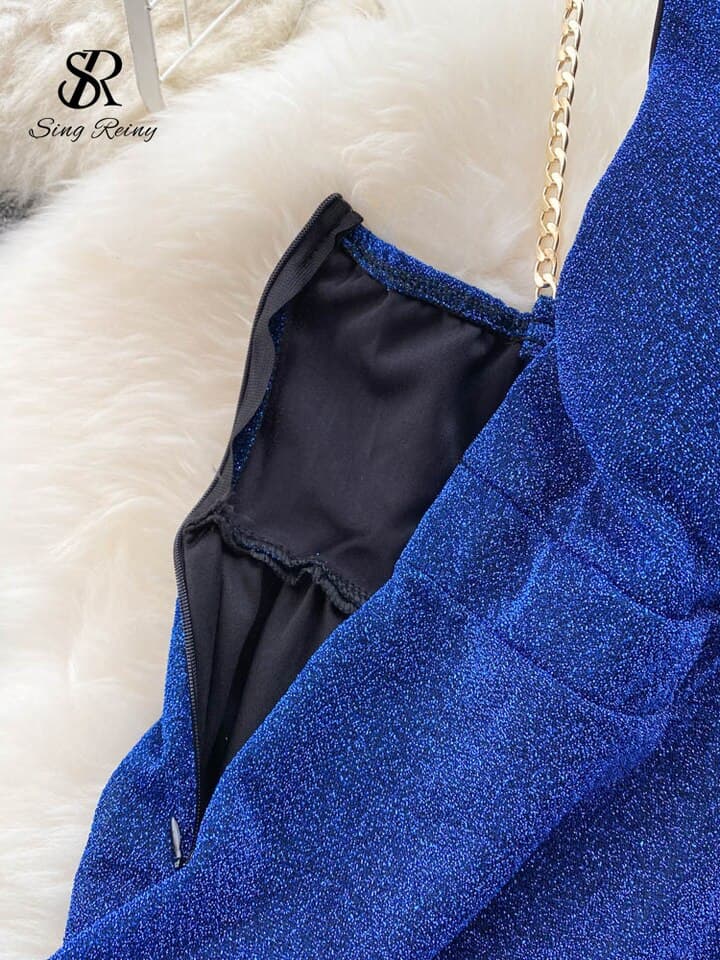 Evening Party Women Summer Dress Zipper Ruched Shiny Lurex Solid V Neck Ladies A Line Slim Long Dresses