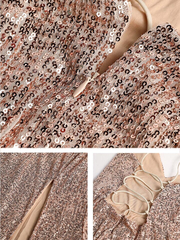 New Summer Women Maxi Sexy Sequins Spaghetti Strap V Neck Backless Dress Evening Prom Thigh Split Party Vestidos Gold