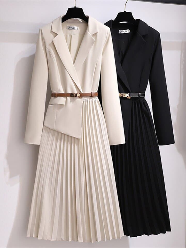 New Vintage Pleated Belt Patchwork One Piece Blazer Dress Women Elegant Office Ladies Long Sleeve Notched Female Autumn Midi Vestido