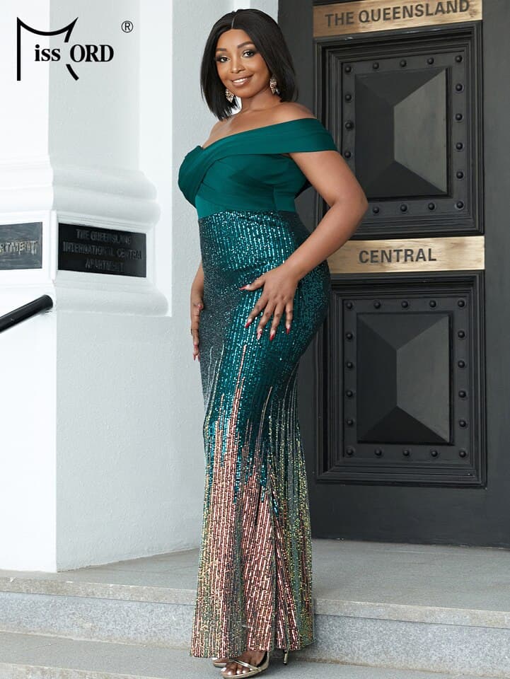 Off Shoulder Sequin PlLUS SIZE Women Formal Dress Short Sleeve Large Maxi Evening Party Green Dresses 2022 Sexy Vestdios