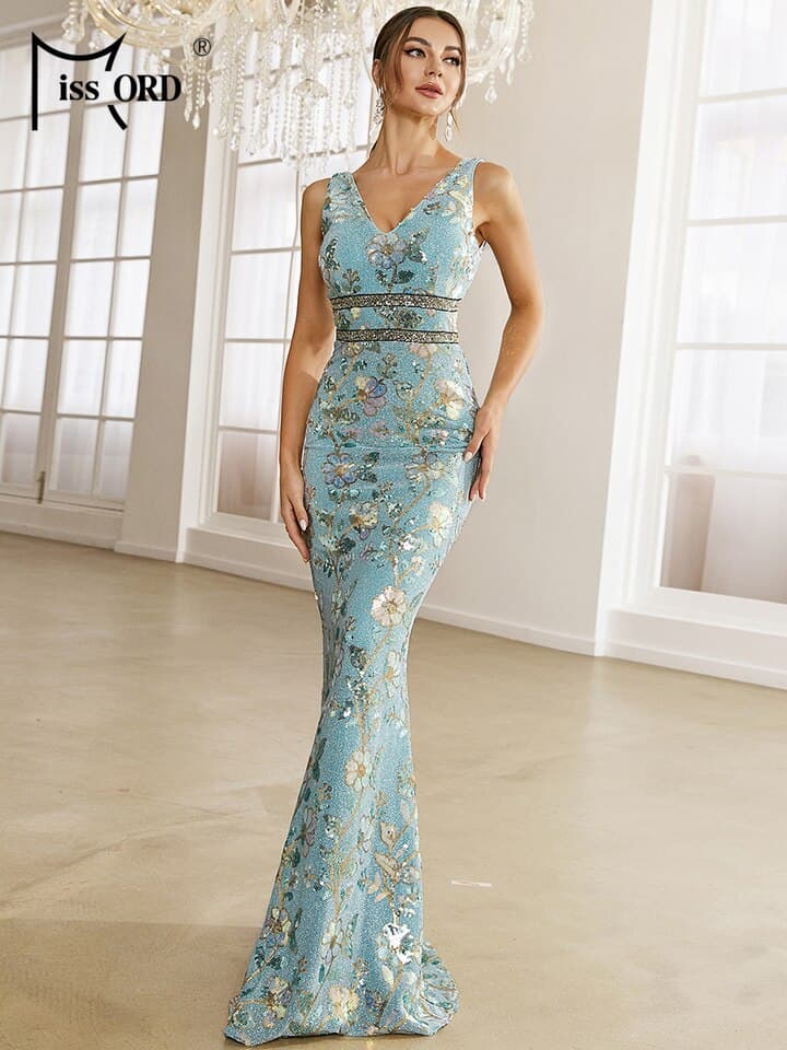 New Floral Print Contrast Sequins Double V Dress Women Dress Evening Party Maxi Elegant Vestidos Bodycon Gown
