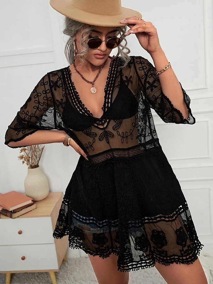 New Vintage Beach Wear Fitshinling Deep V Neck Boho Beach Outing Sheer Lace Tunic Pareo Swimwear Summer Vintage Short Dress Holiday Cover Up 2022