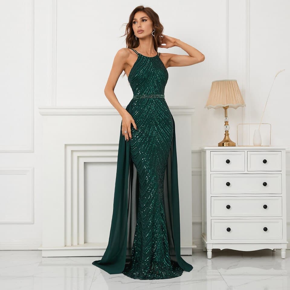 New Green Off Shoulder Tassel Sequin Evening Dress Women Sexy Cross Back Long Evening Party Dress