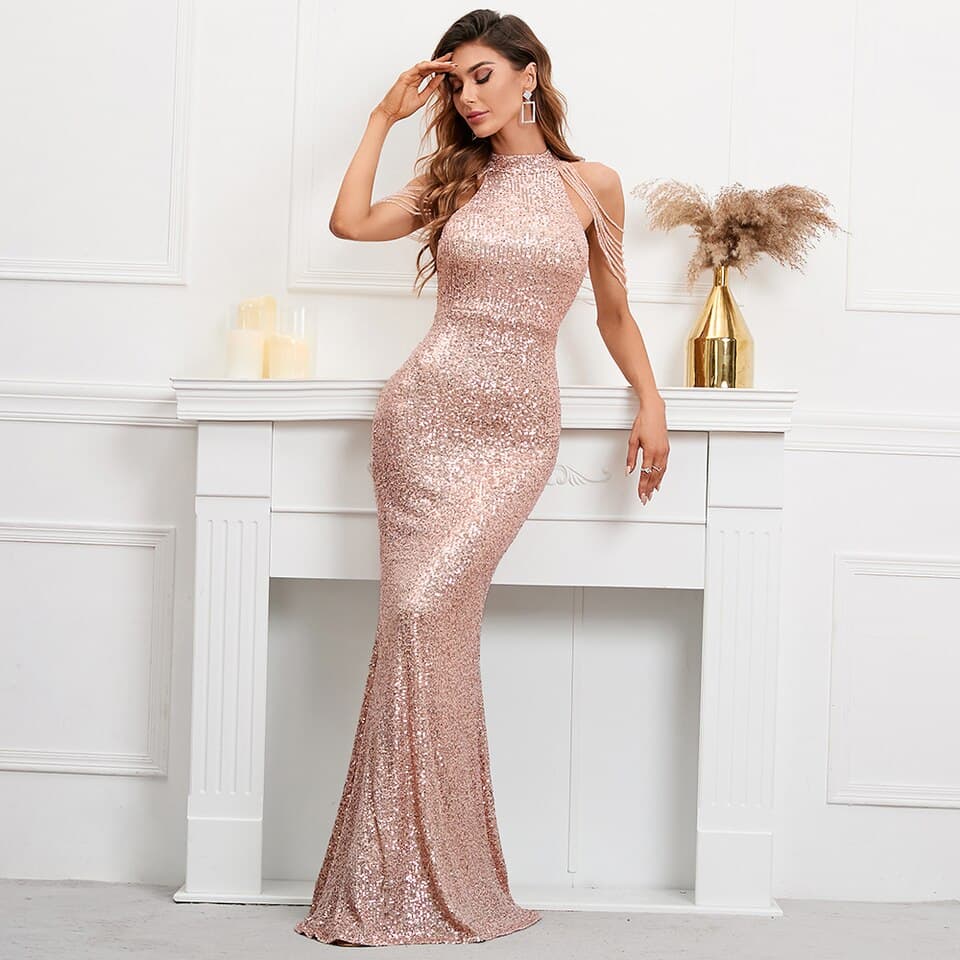 Elegant Off Shoulder Beading Sequin Evening Dress Women Gold Party Bodycon Maxi Dress Long Prom Dress 18098