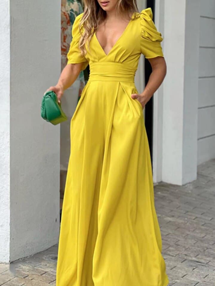 Women Backless Lace Up Bow Romper Sexy Puff Sleeve Pocket Playsuits Fashion Solid Colour V Neck High Waist Wide Leg Jumpsuit