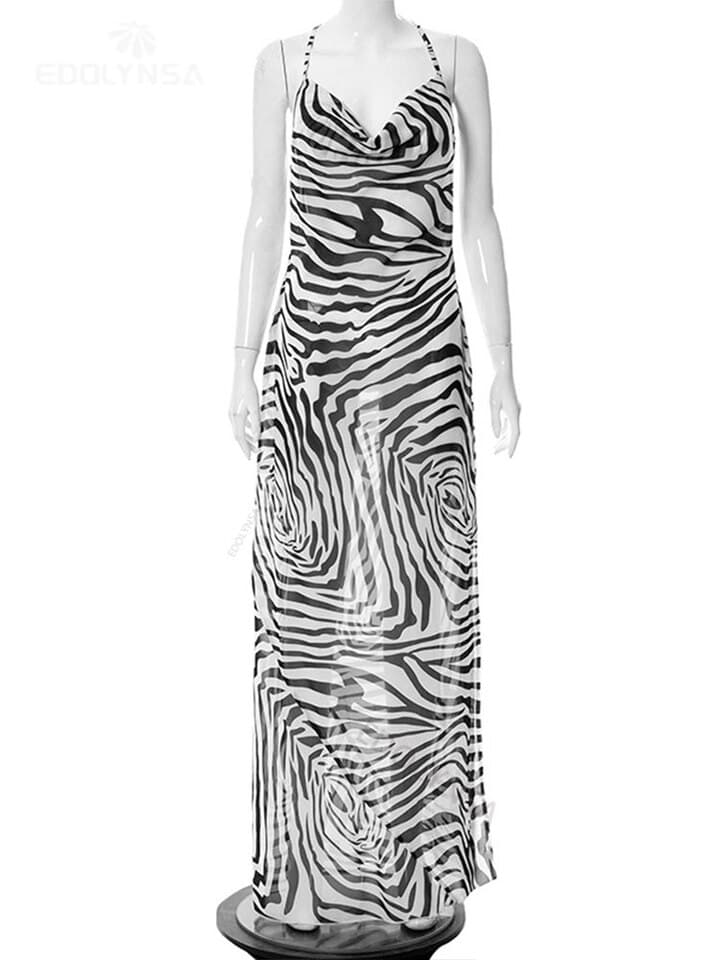 New Women Zebra Pattern Beach Dress Spaghetti Strap Side Split Back Open Long Beach Dress Summer Women Beach Wear Swim Suit Cover Up A1144