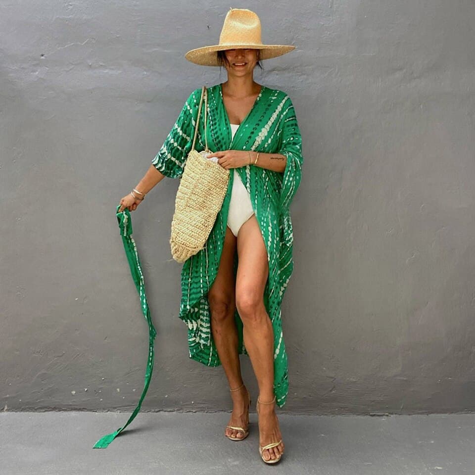 New Bikini Cover ups Blue Striped Tie Dye Sexy with Belt Swimsuit Tunics Women Summer Kimono Dress Beach Wear Swimwear Cover Up