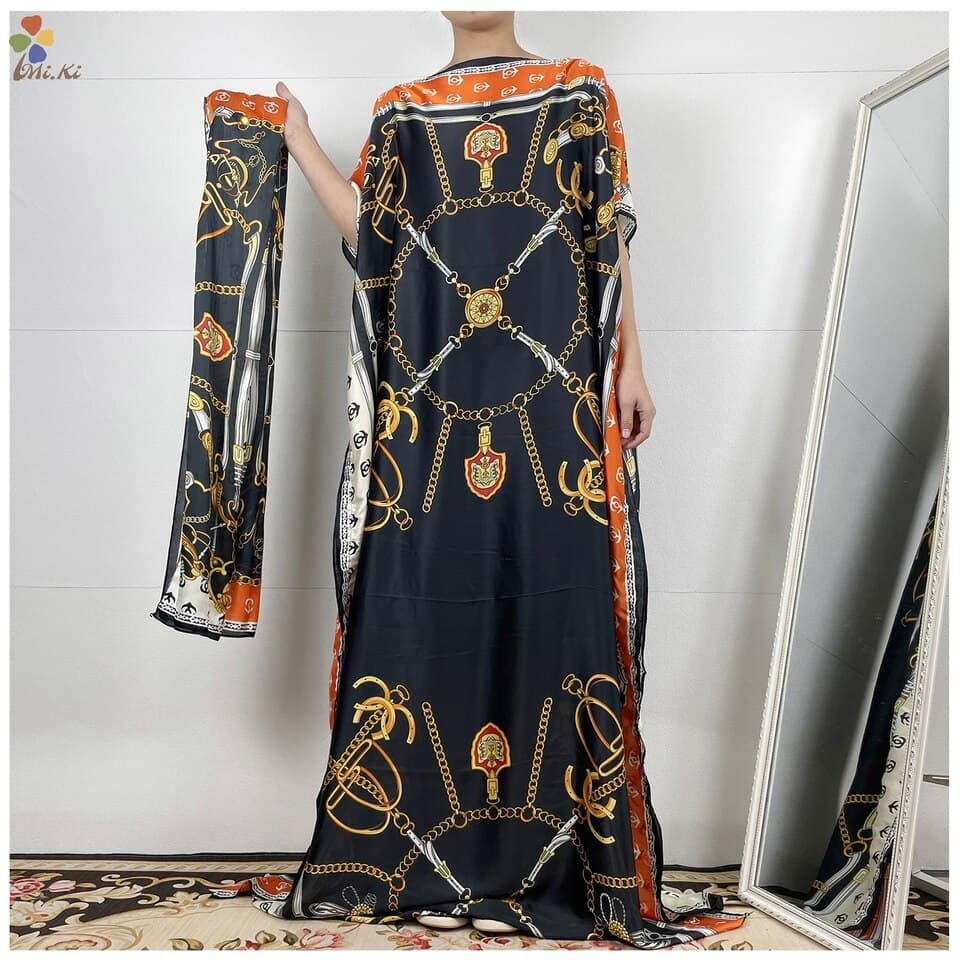 New Fashion Classic African Clothing Dashiki Robe Silk Fabric Women 2 Piece Printed Loose Dress MS222