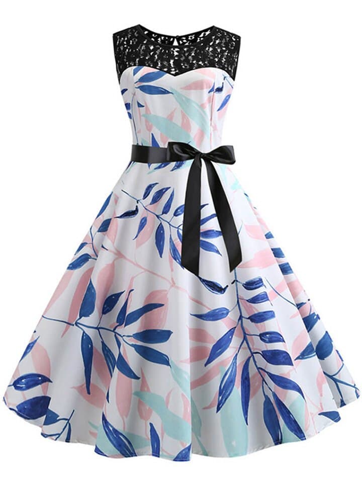 New Blue Lace Patchwork Summer Dress Women Elegant Vintage Party Dress Casual Office Ladies Work Dress