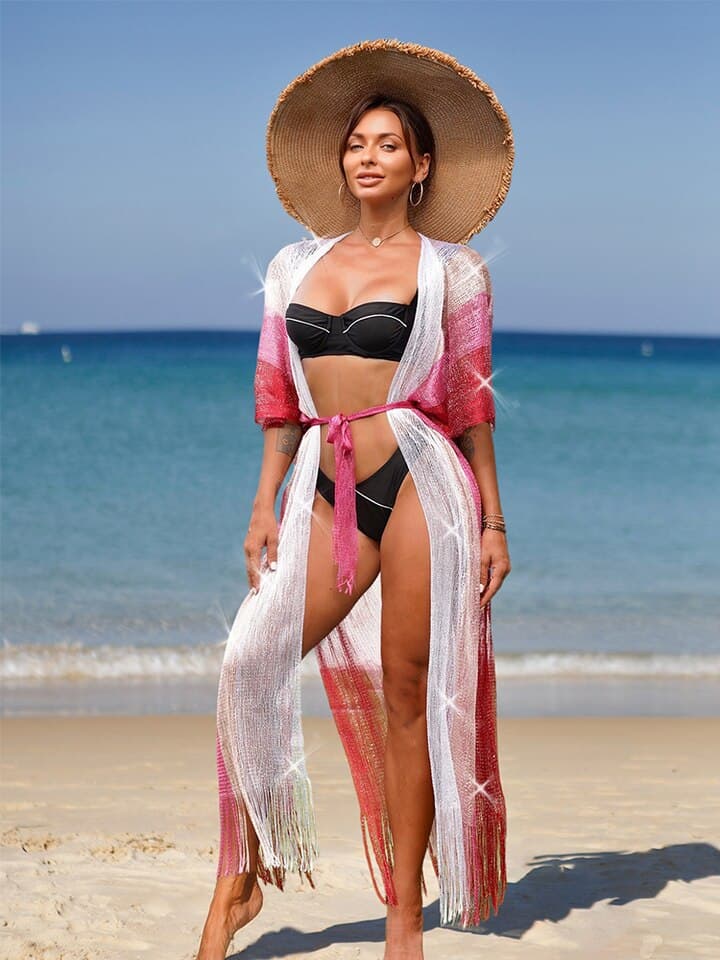 New Women Tassel Gold Bikini Cover Up Beach Dress Tunics For Women Beachwear Summer See Through Swimsuit Cover Ups