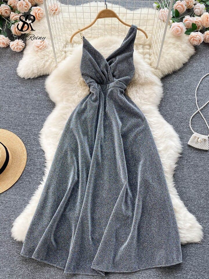 Evening Party Women Summer Dress Zipper Ruched Shiny Lurex Solid V Neck Ladies A Line Slim Long Dresses