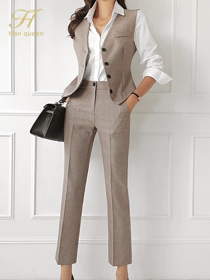 New Korean Autumn Winter 3 Pieces Set Women Contrast Blazer + Vest And Simple Pants Casual Simple Office Lady Pants Suit