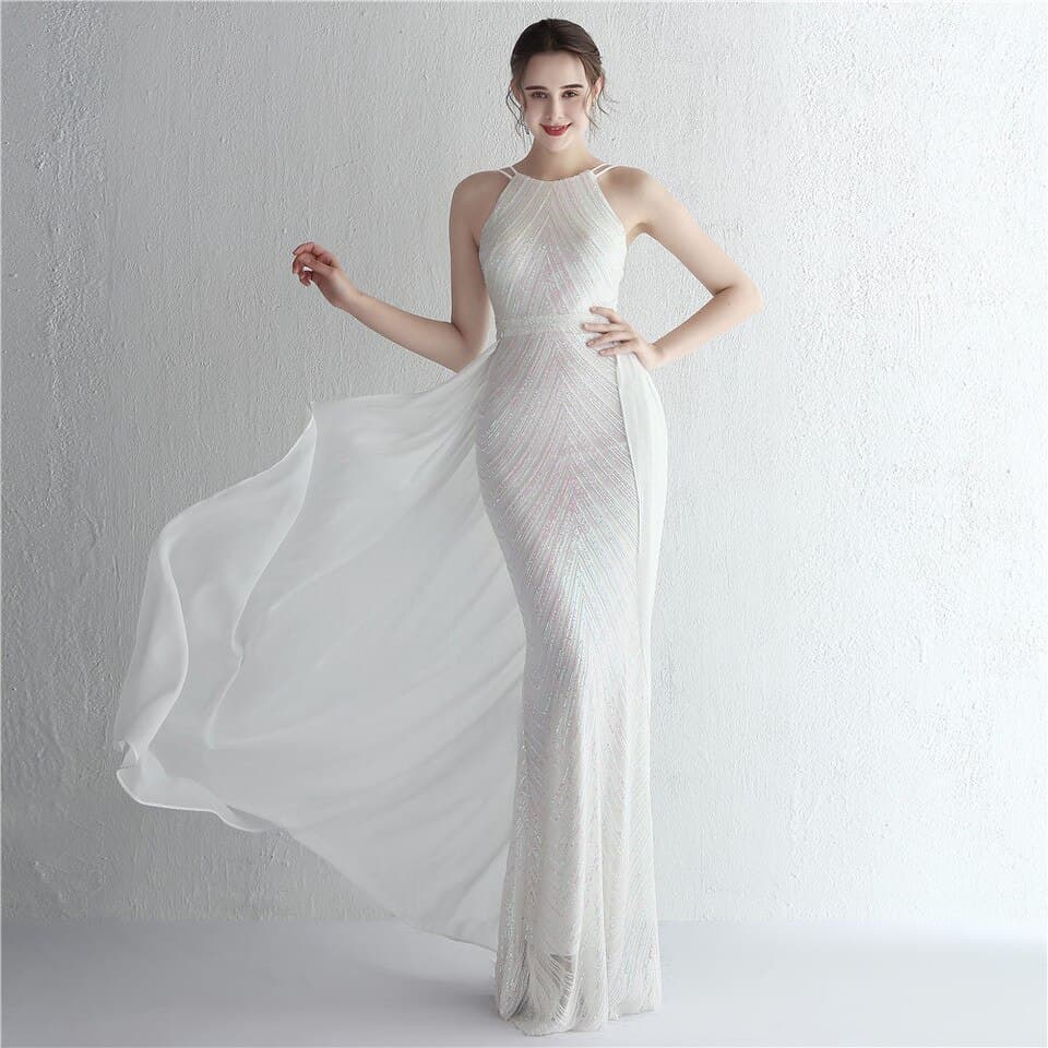 New Green Off Shoulder Tassel Sequin Evening Dress Women Sexy Cross Back Long Evening Party Dress